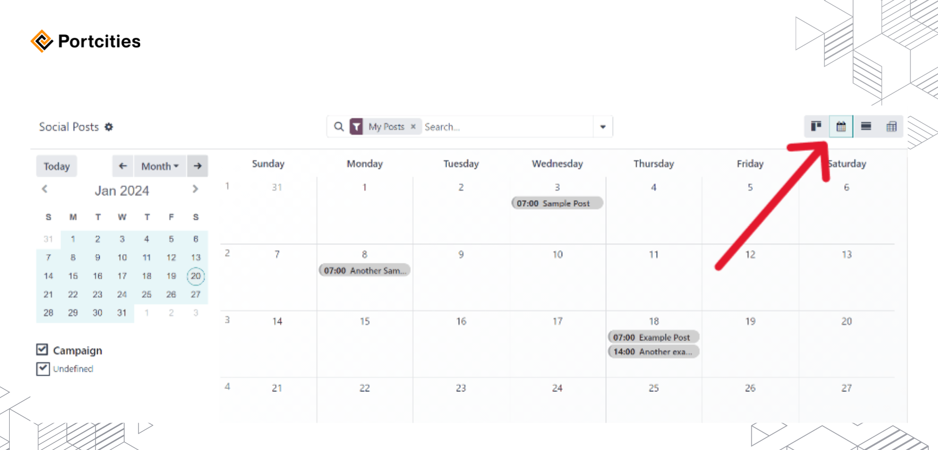 4. Portcities Unleash the Power of Odoo's Social Marketing App: A Comprehensive Guide - Social Posts Calendar View in Odoo 17